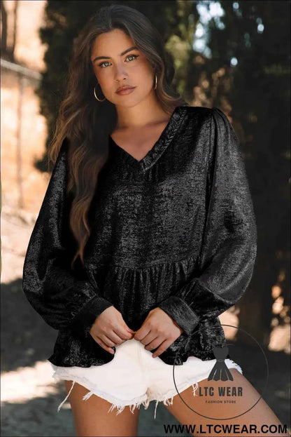 Dearlovers Gold Metallic Frilled V Neck Puff Sleeve Babydoll Blouse