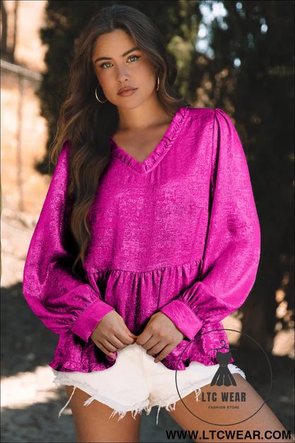 Dearlovers Gold Metallic Frilled V Neck Puff Sleeve Babydoll Blouse - L.T.C Wear Online Fashion Store