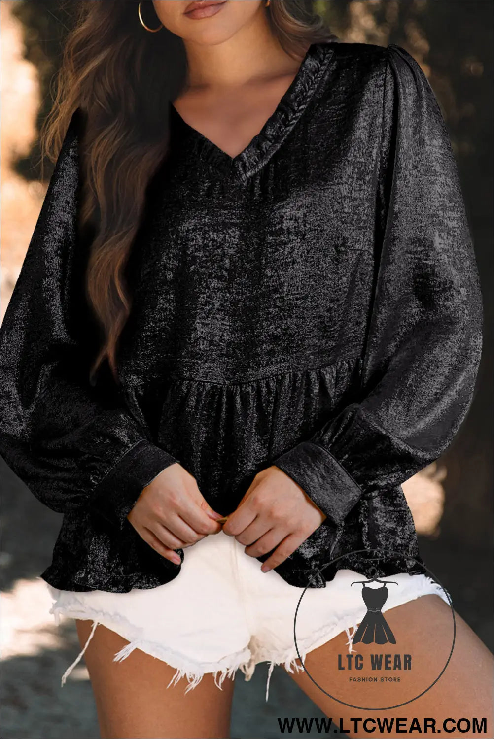 Dearlovers Gold Metallic Frilled V Neck Puff Sleeve Babydoll Blouse - L.T.C Wear Online Fashion Store