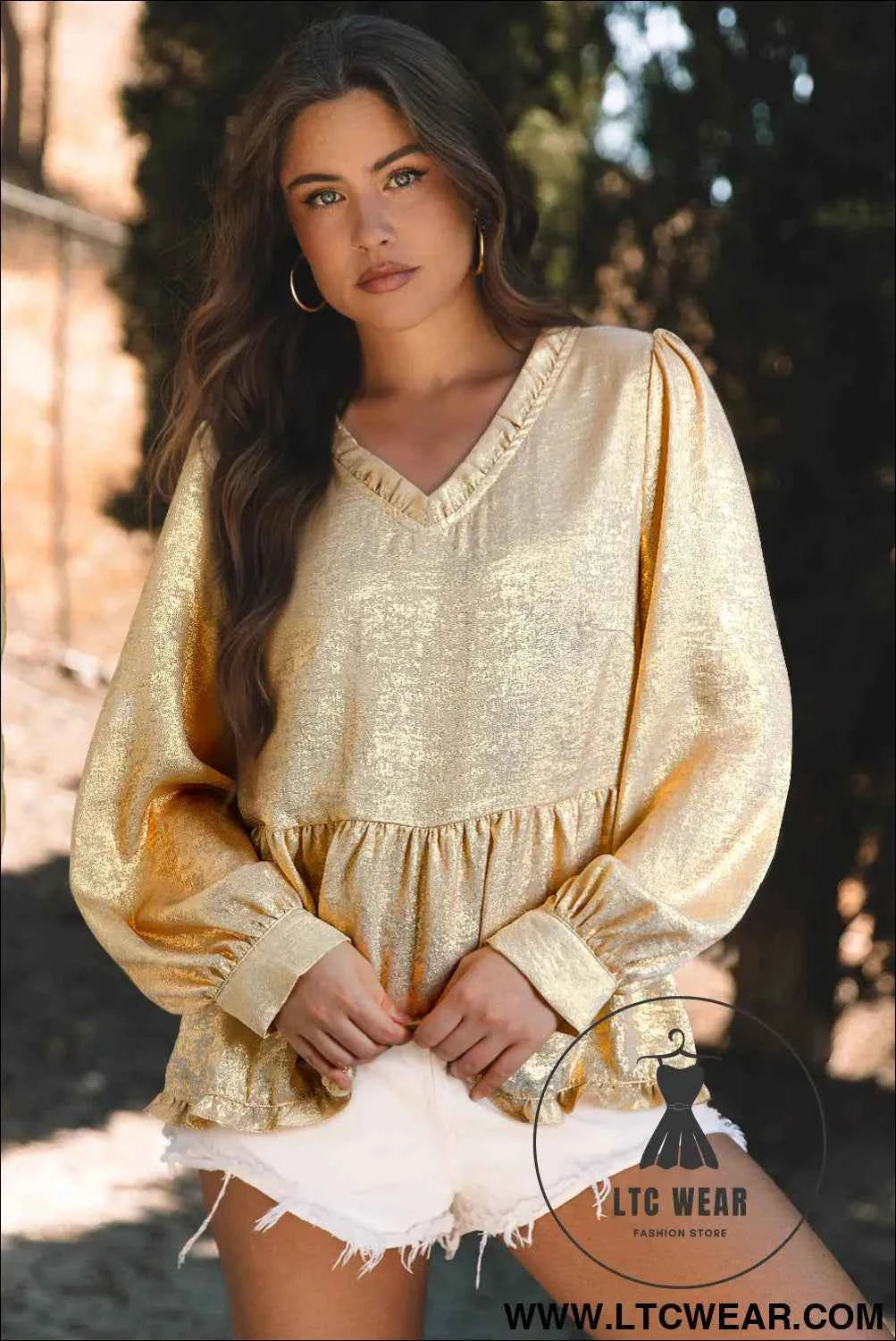 Dearlovers Gold Metallic Frilled V Neck Puff Sleeve Babydoll Blouse