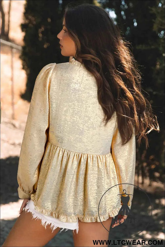 Dearlovers Gold Metallic Frilled V Neck Puff Sleeve Babydoll Blouse