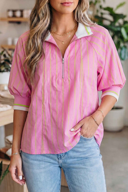 Pink Stripe Striped V-Neck Half Sleeve Zipper Ribbed Cuff Casual Shift Blouse
