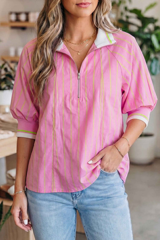 Pink Stripe Striped V-Neck Half Sleeve Zipper Ribbed Cuff Casual Shift Blouse