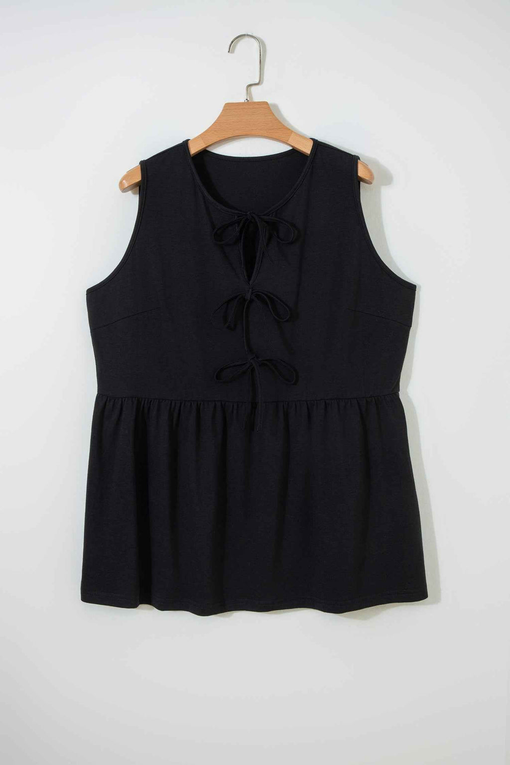 Black Plus Size Solid Color Bow Tie Peplum Tank Top