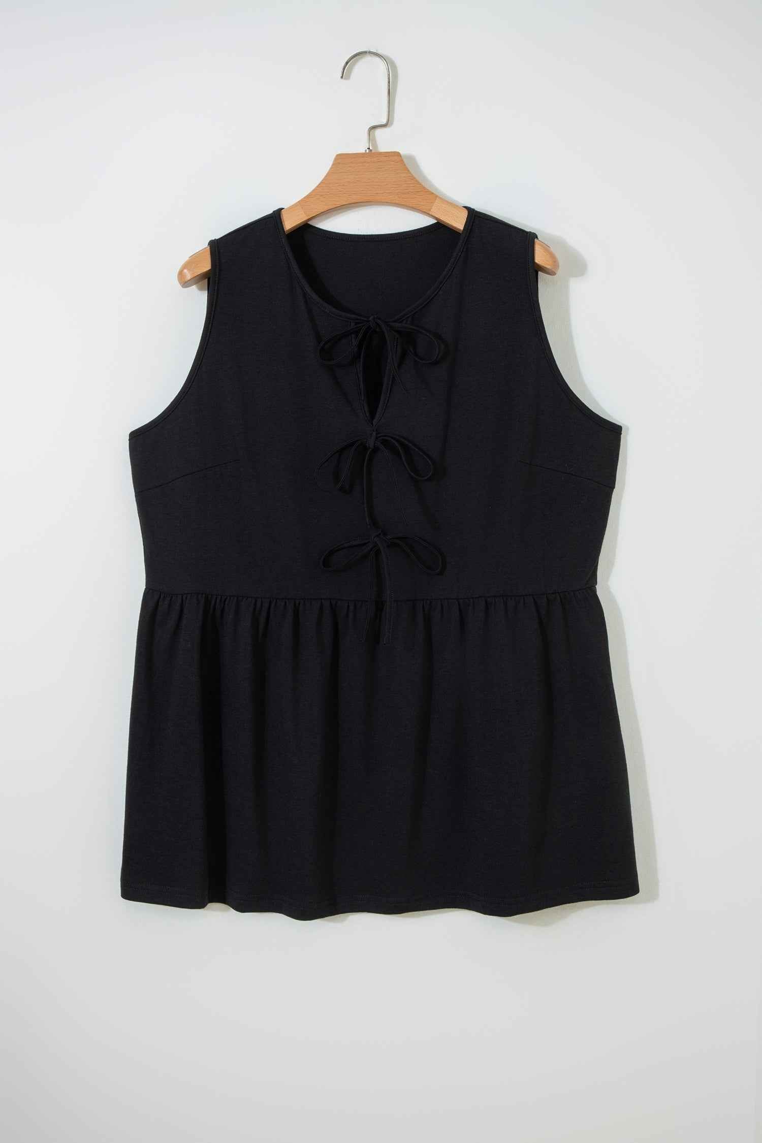 Black Plus Size Solid Color Bow Tie Peplum Tank Top