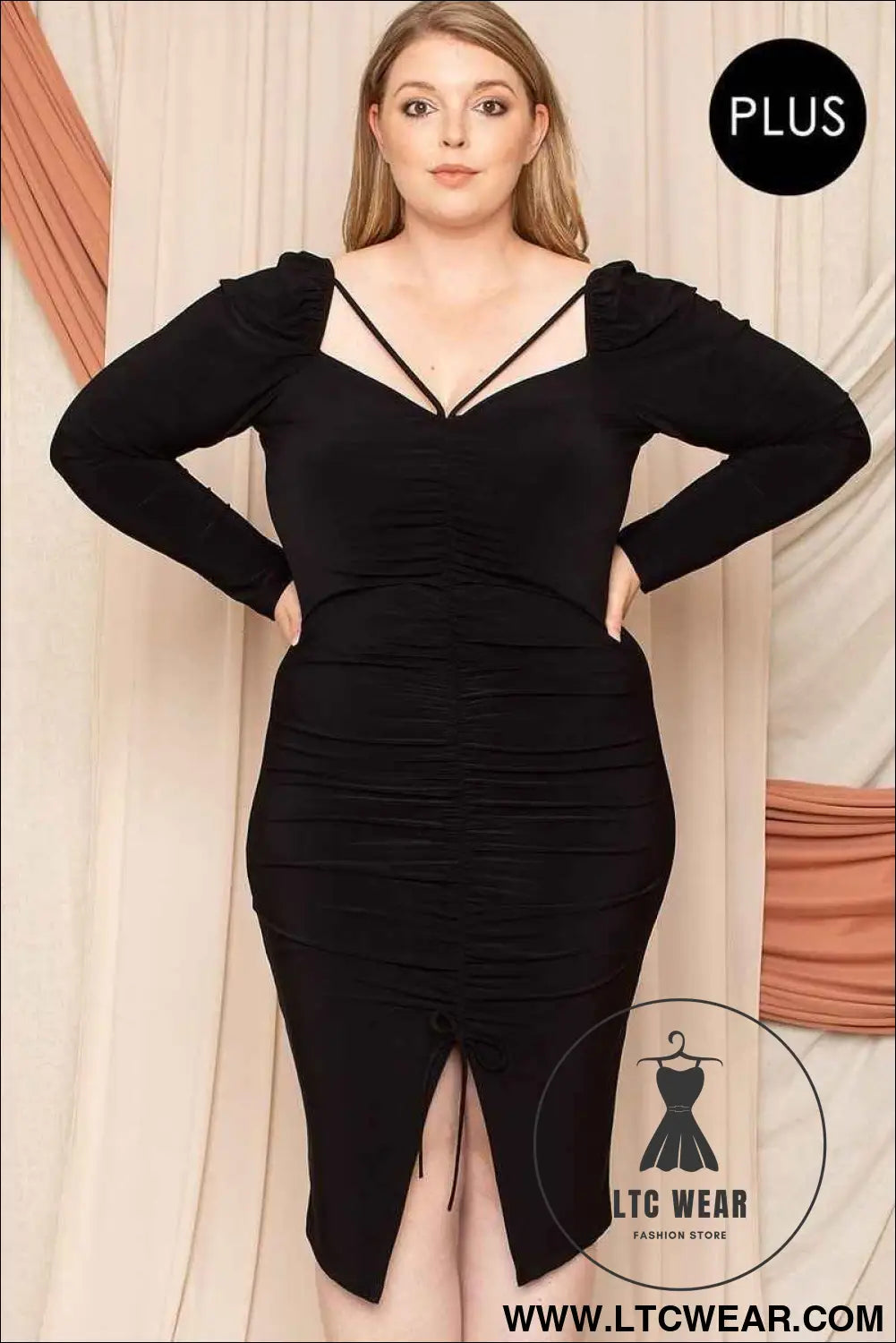 Deep Round Neck Shirring Detailed Back Plus Size Dress