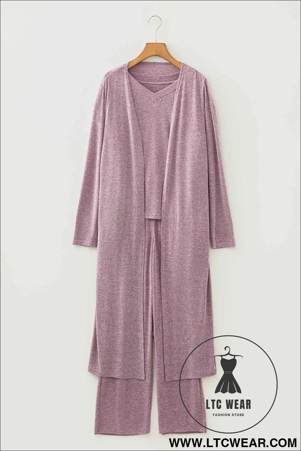 Delicacy 3pcs V Neck T Shirt Ribbon Knot Pants Open Duster 3pcs Lounge Set