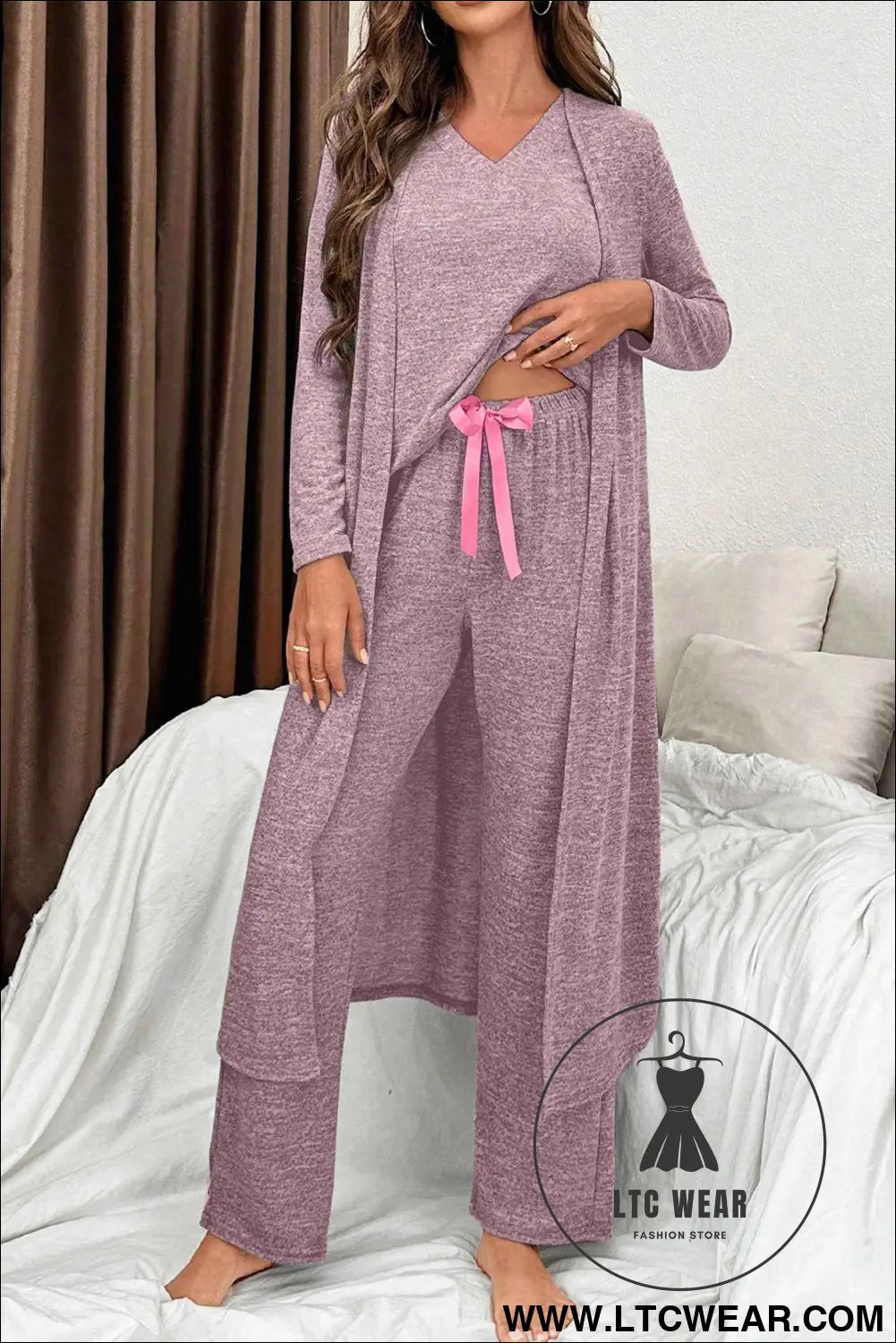 Delicacy 3pcs V Neck T Shirt Ribbon Knot Pants Open Duster 3pcs Lounge Set