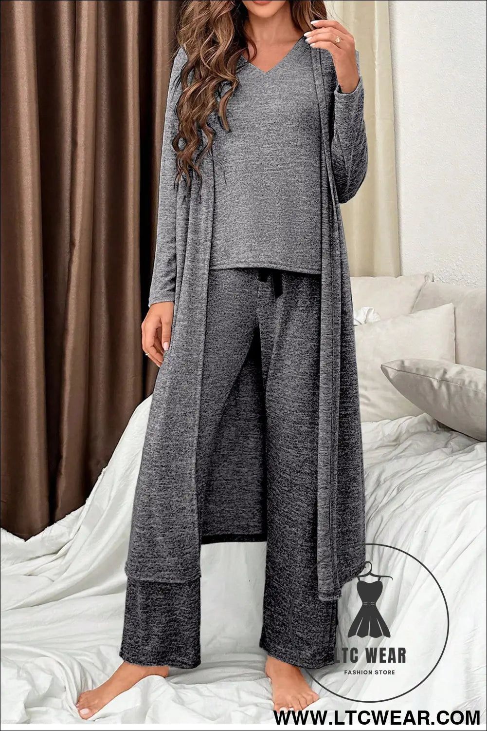 Delicacy 3pcs V Neck T Shirt Ribbon Knot Pants Open Duster 3pcs Lounge Set - L.T.C Wear Online Fashion Store