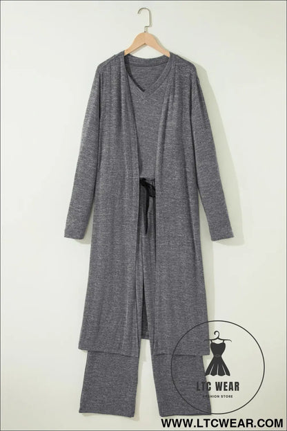 Delicacy 3pcs V Neck T Shirt Ribbon Knot Pants Open Duster 3pcs Lounge Set - L.T.C Wear Online Fashion Store