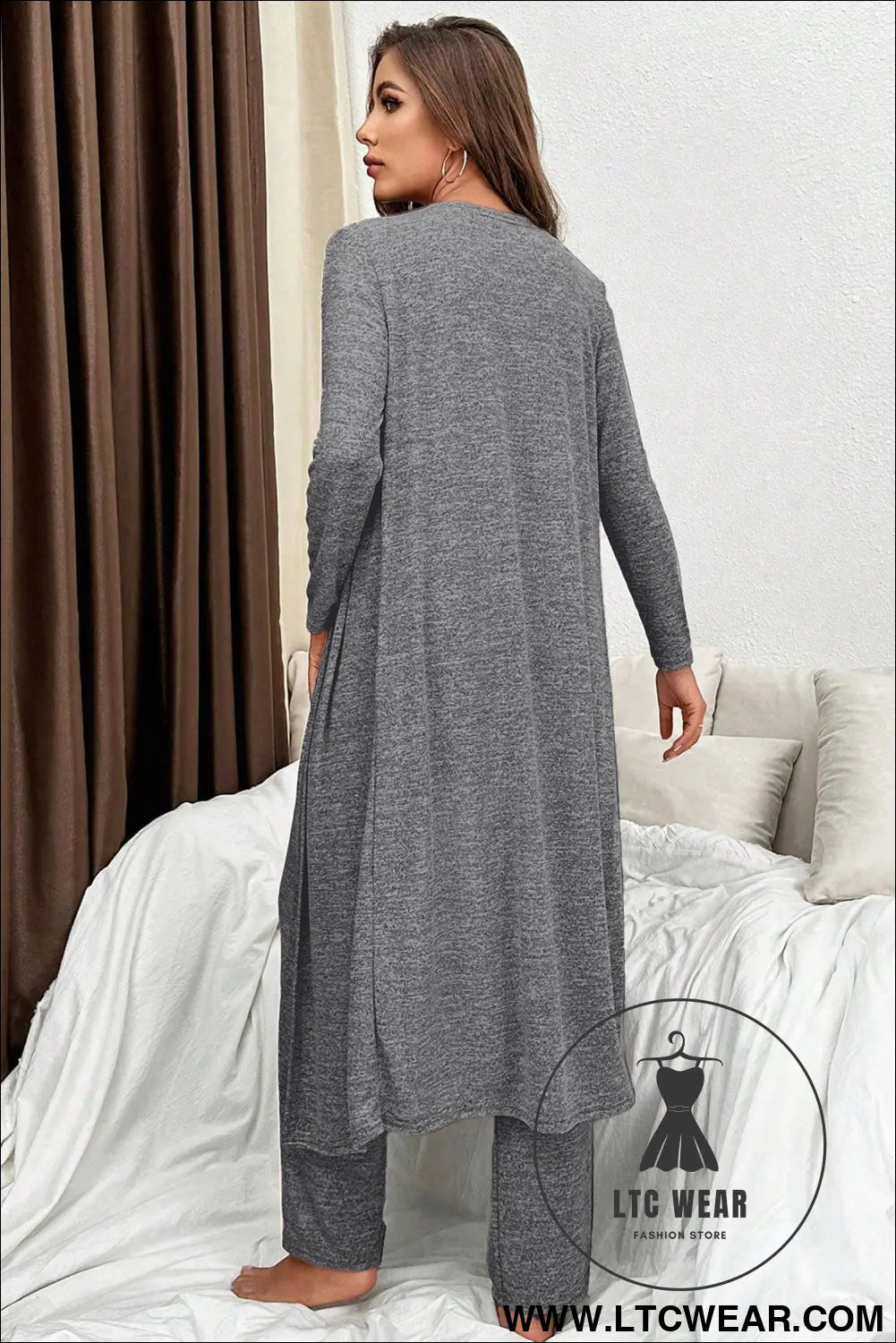 Delicacy 3pcs V Neck T Shirt Ribbon Knot Pants Open Duster 3pcs Lounge Set - L.T.C Wear Online Fashion Store
