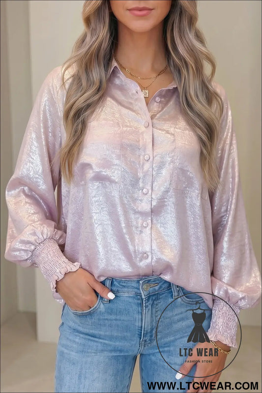 Delicacy Long Sleeve Button Front Ruffle Cuffs Back Paneling Shirt