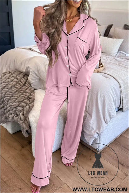 Delicacy Long Sleeve Colorblock Patchwork Two Piece Home Wear Lounge Set