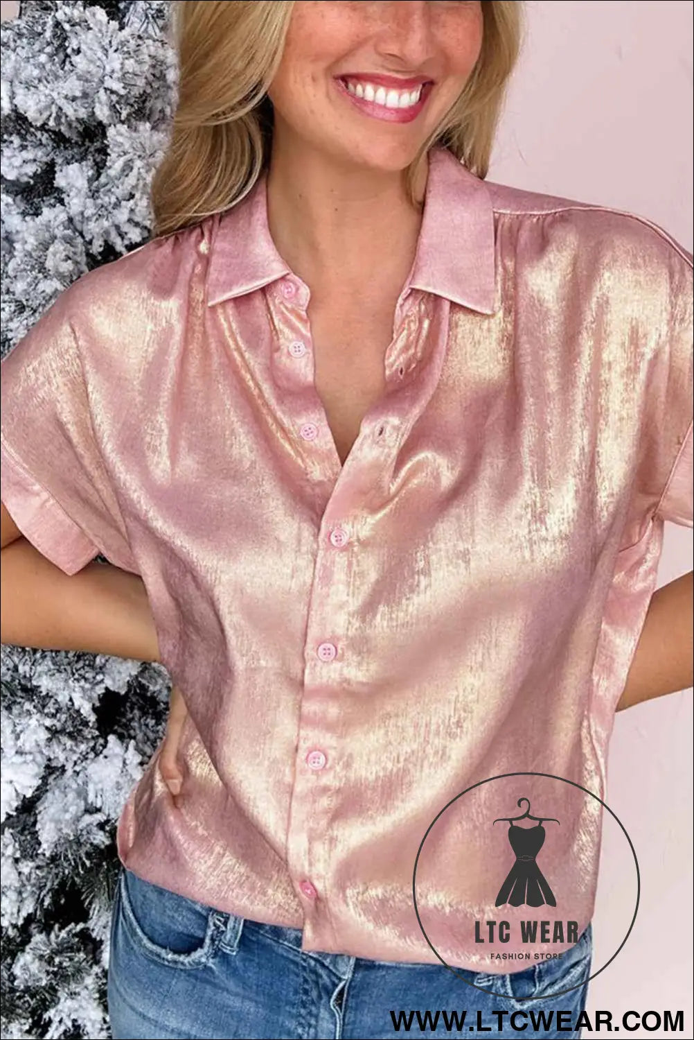 Delicacy Metallic Buttoned Loose Fit Short Sleeve Shirt