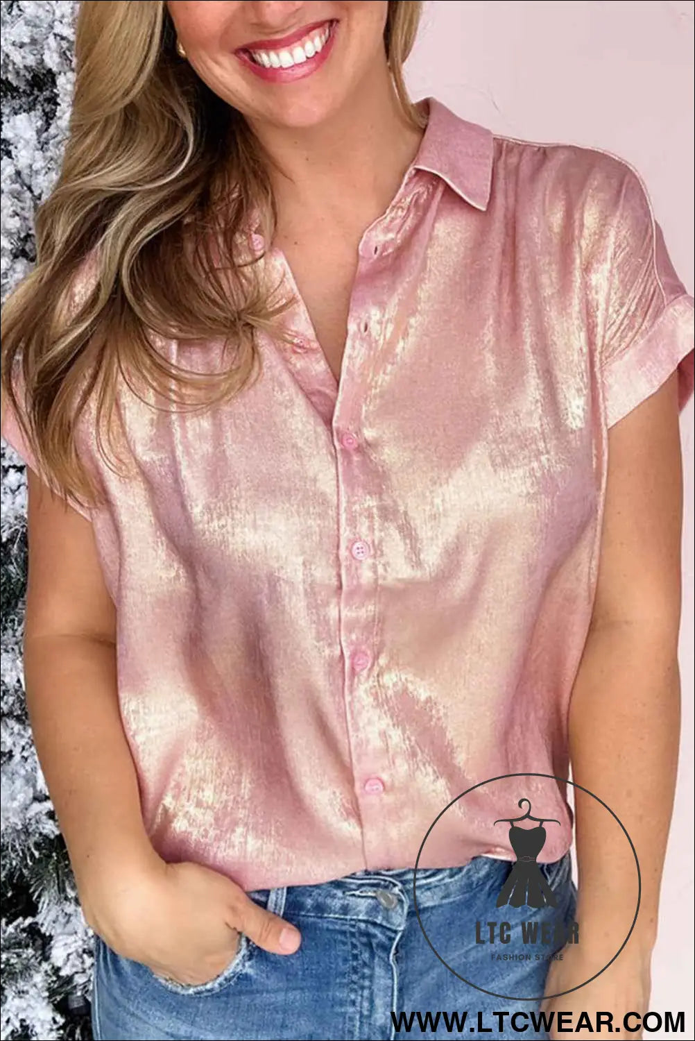 Delicacy Metallic Buttoned Loose Fit Short Sleeve Shirt