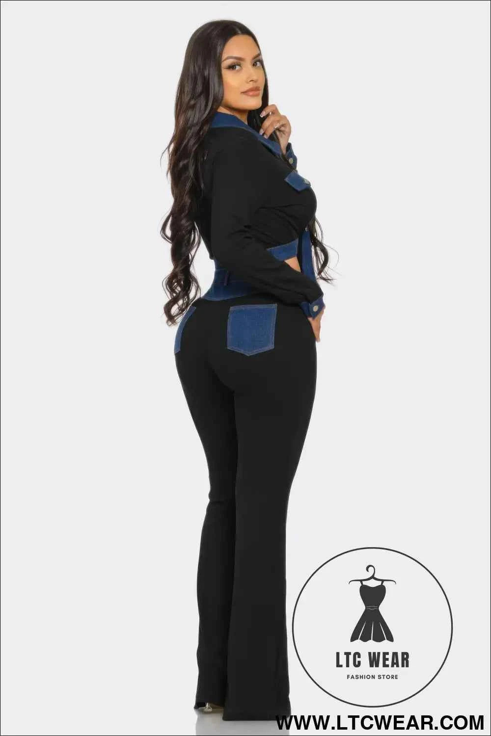 Denim Contrast Pants Set