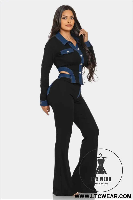 Denim Contrast Pants Set