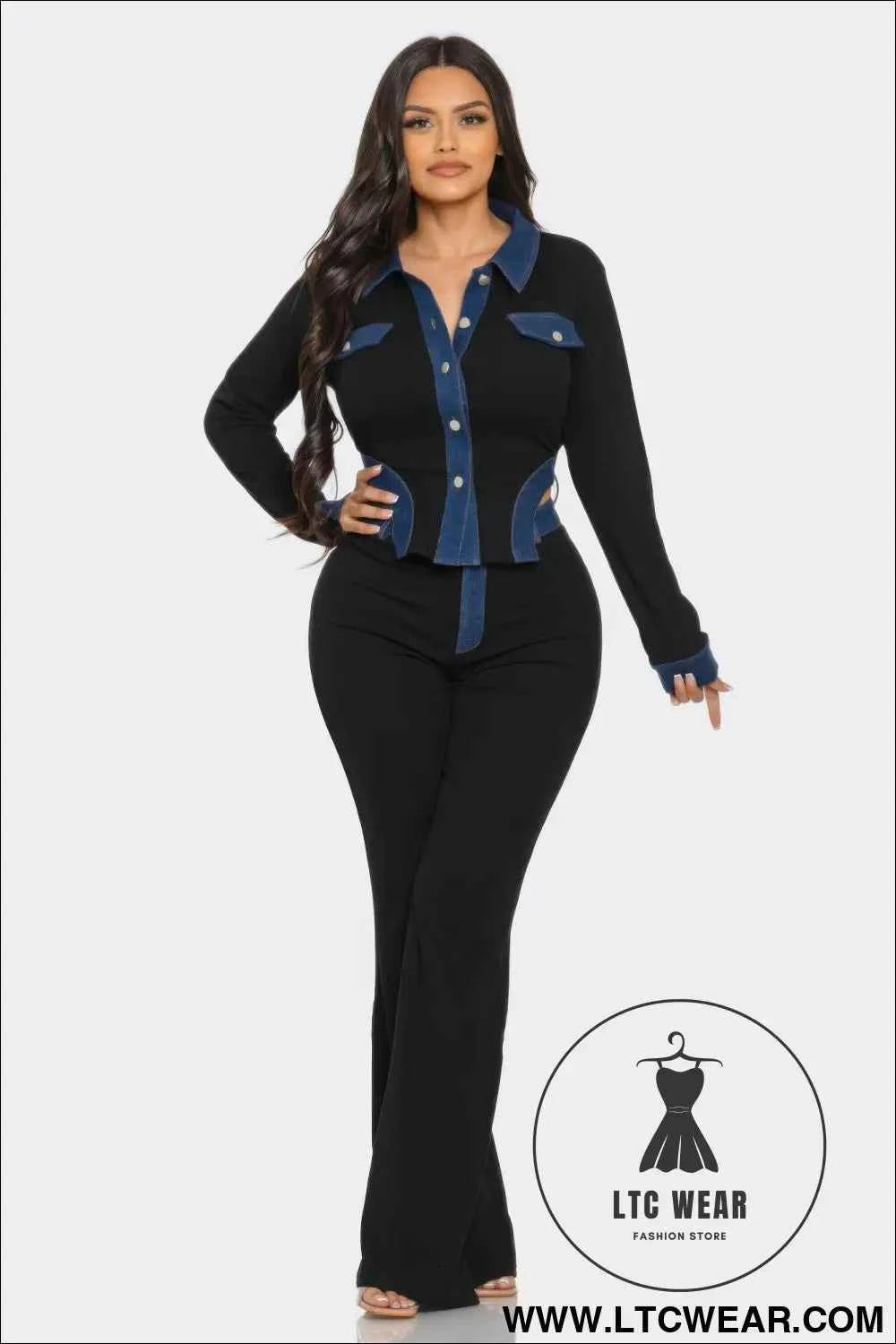 Denim Contrast Pants Set
