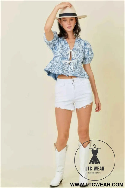 Denim Embroidered Crop Top With Front Tie Detail