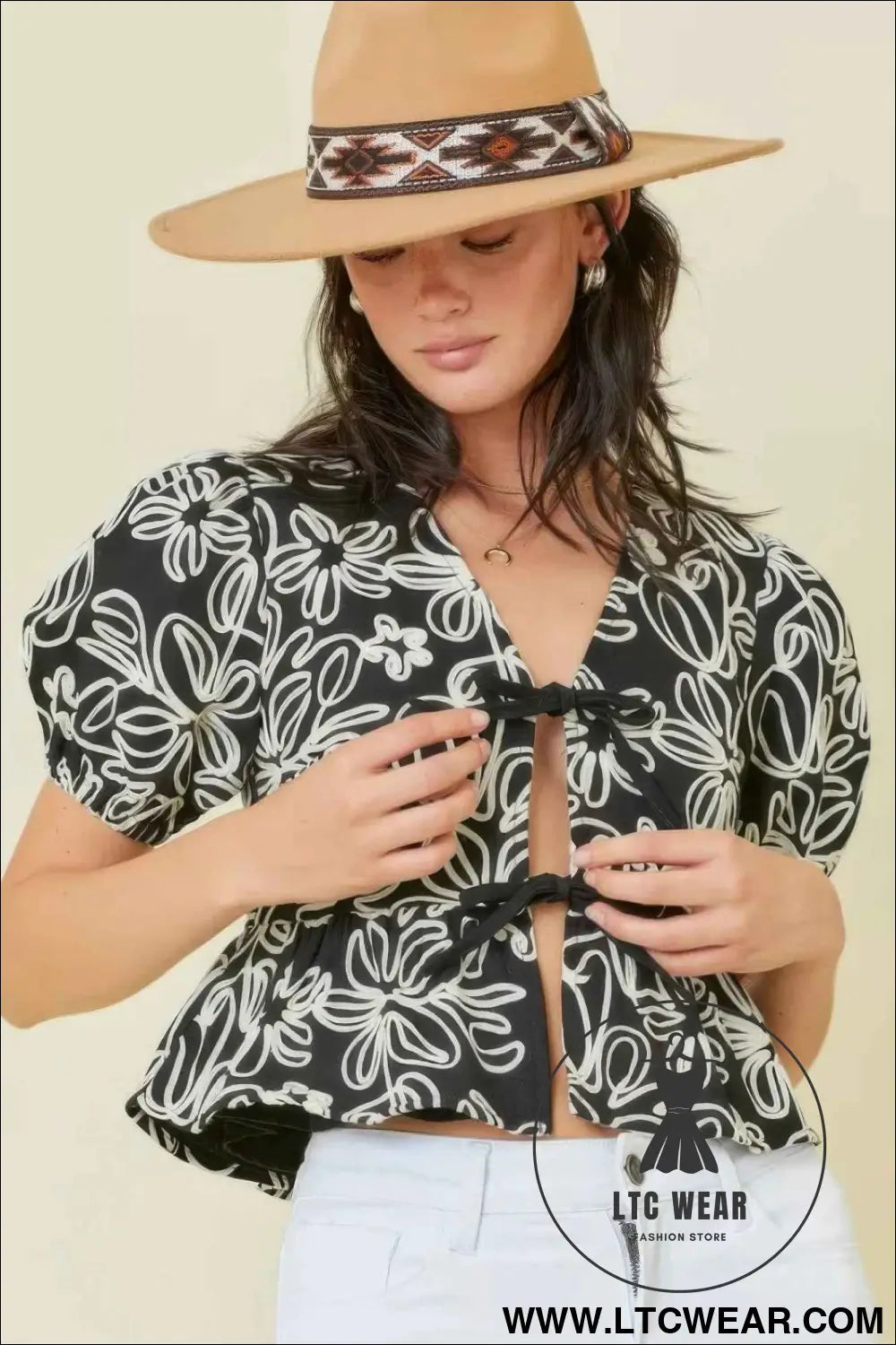 Denim Embroidered Crop Top With Front Tie Detail