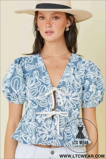 Denim Embroidered Crop Top With Front Tie Detail