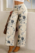 Beige Retro Floral Print Turn-up Cuffed Hem Loose Jeans