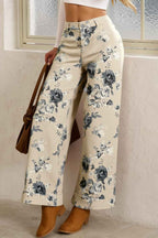 Beige Retro Floral Print Turn-up Cuffed Hem Loose Jeans