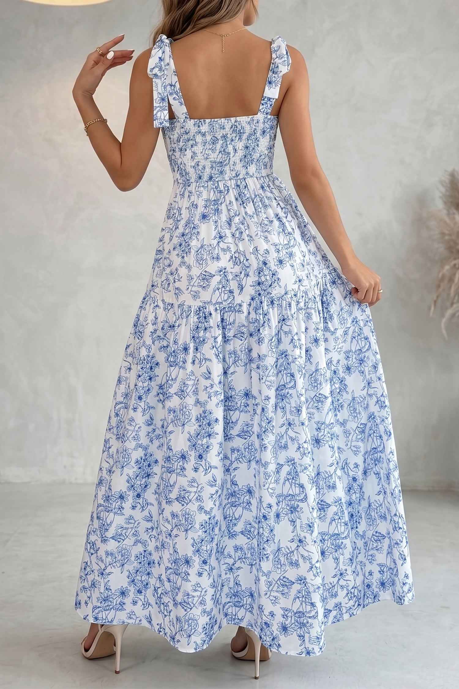 Sky Blue Floral Print Knot Straps High Waist Flared Maxi Dress