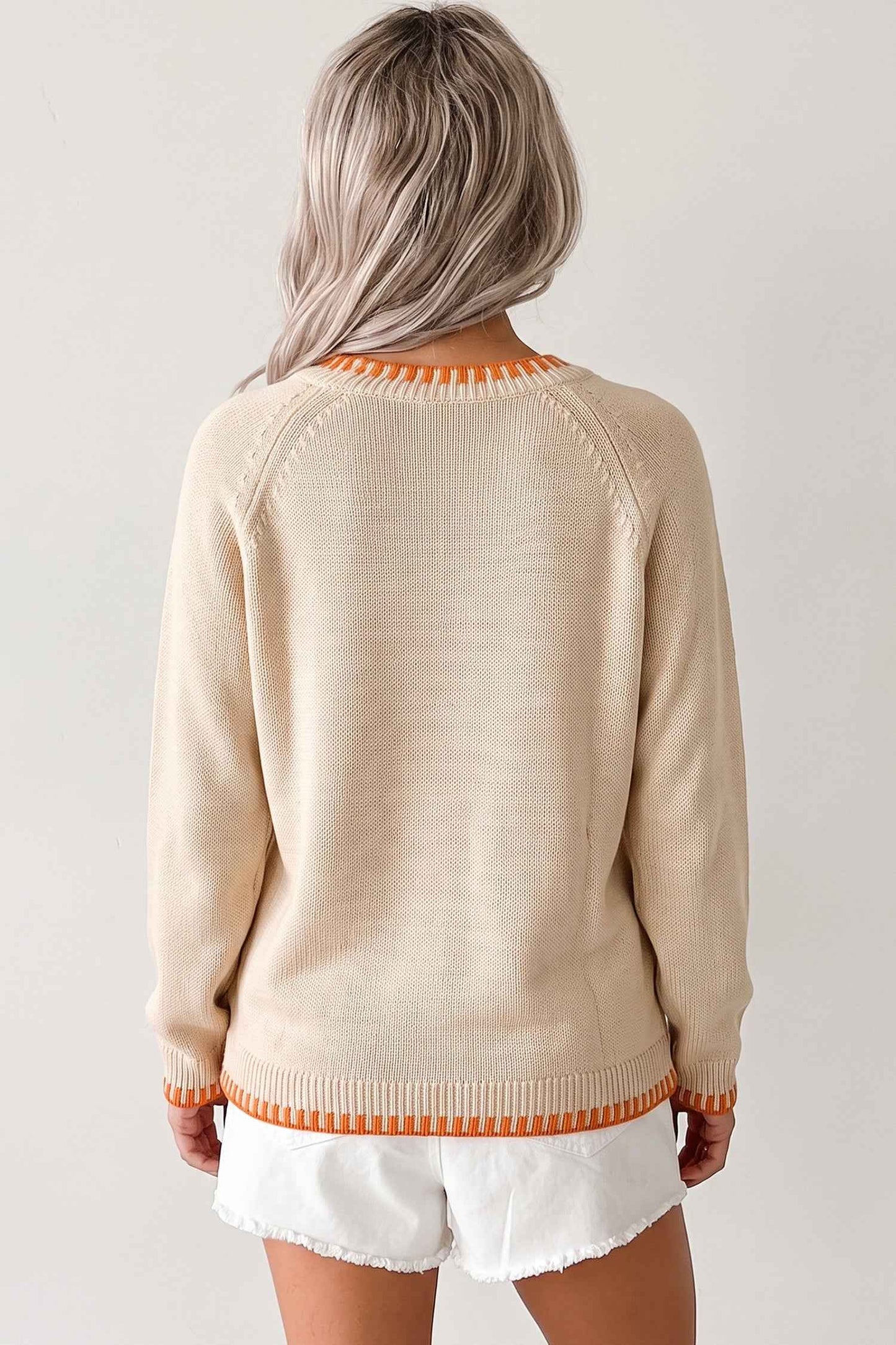 Parchment Floral Embroidery Pumpkin Long Sleeve Round Neck Sweater