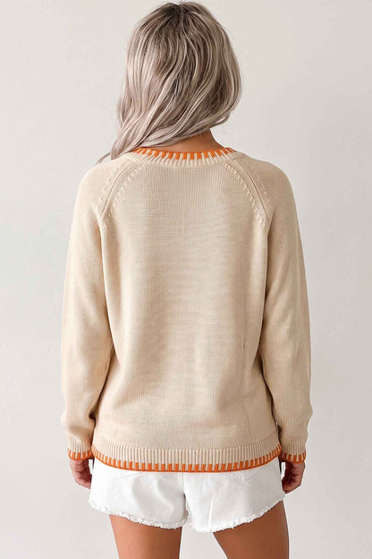 Parchment Floral Embroidery Pumpkin Long Sleeve Round Neck Sweater