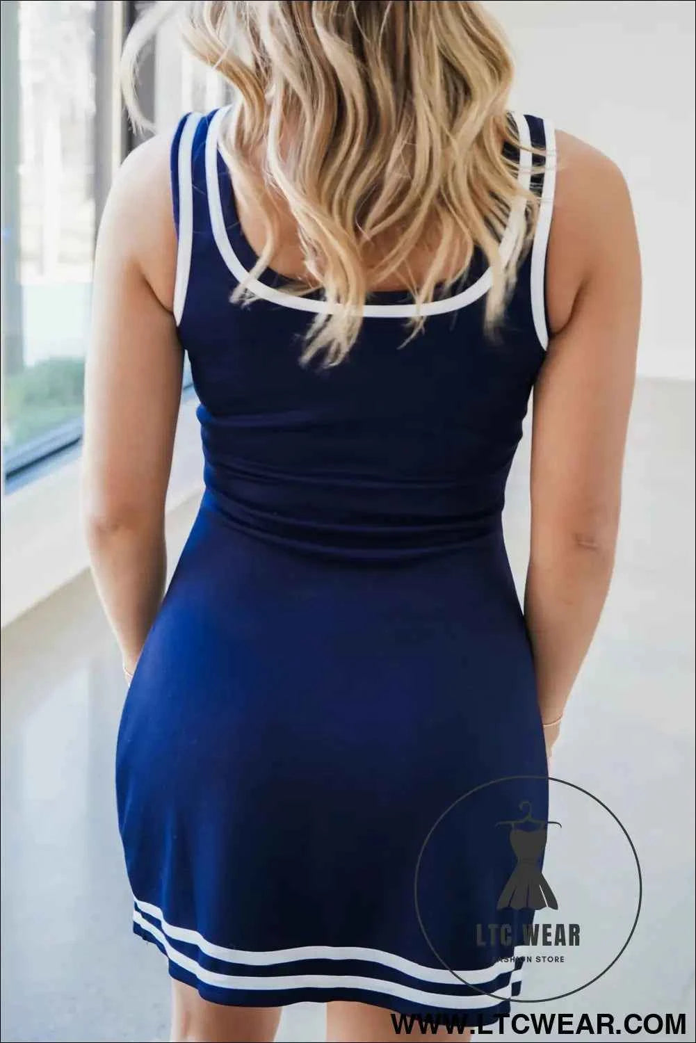 Dirty blue Contrast Trim U Neck Sleeveless Mini Dress with Shorts 2pcs Set