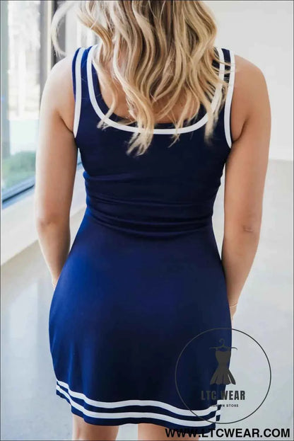 Dirty blue Contrast Trim U Neck Sleeveless Mini Dress with Shorts 2pcs Set