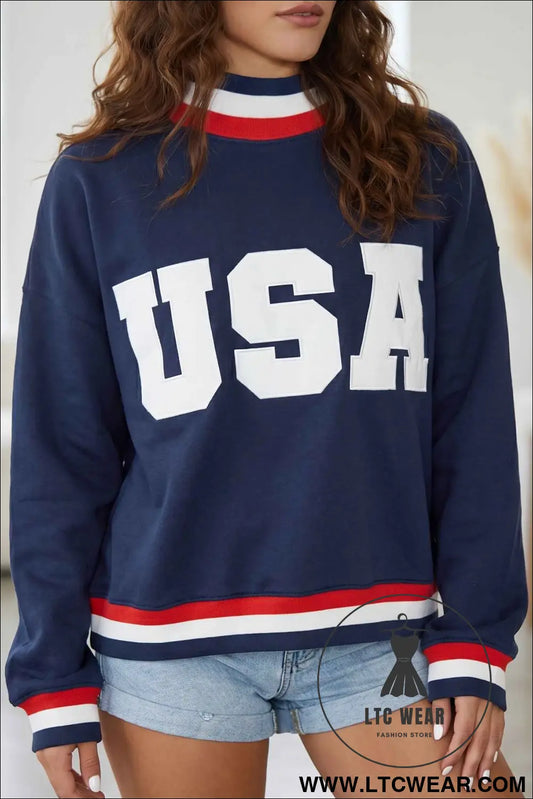 Dirty blue USA Slogan Patch Embroidery Colorblock High Neck Long Sleeve Sweatshirt