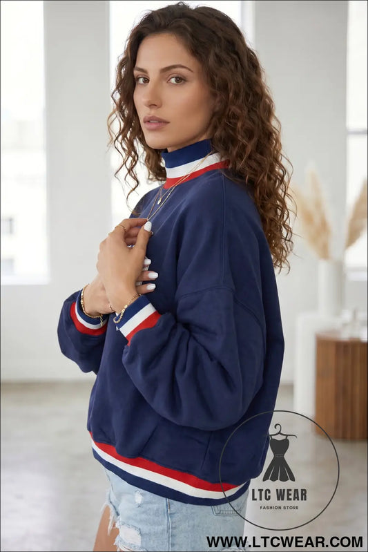 Dirty blue USA Slogan Patch Embroidery Colorblock High Neck Long Sleeve Sweatshirt