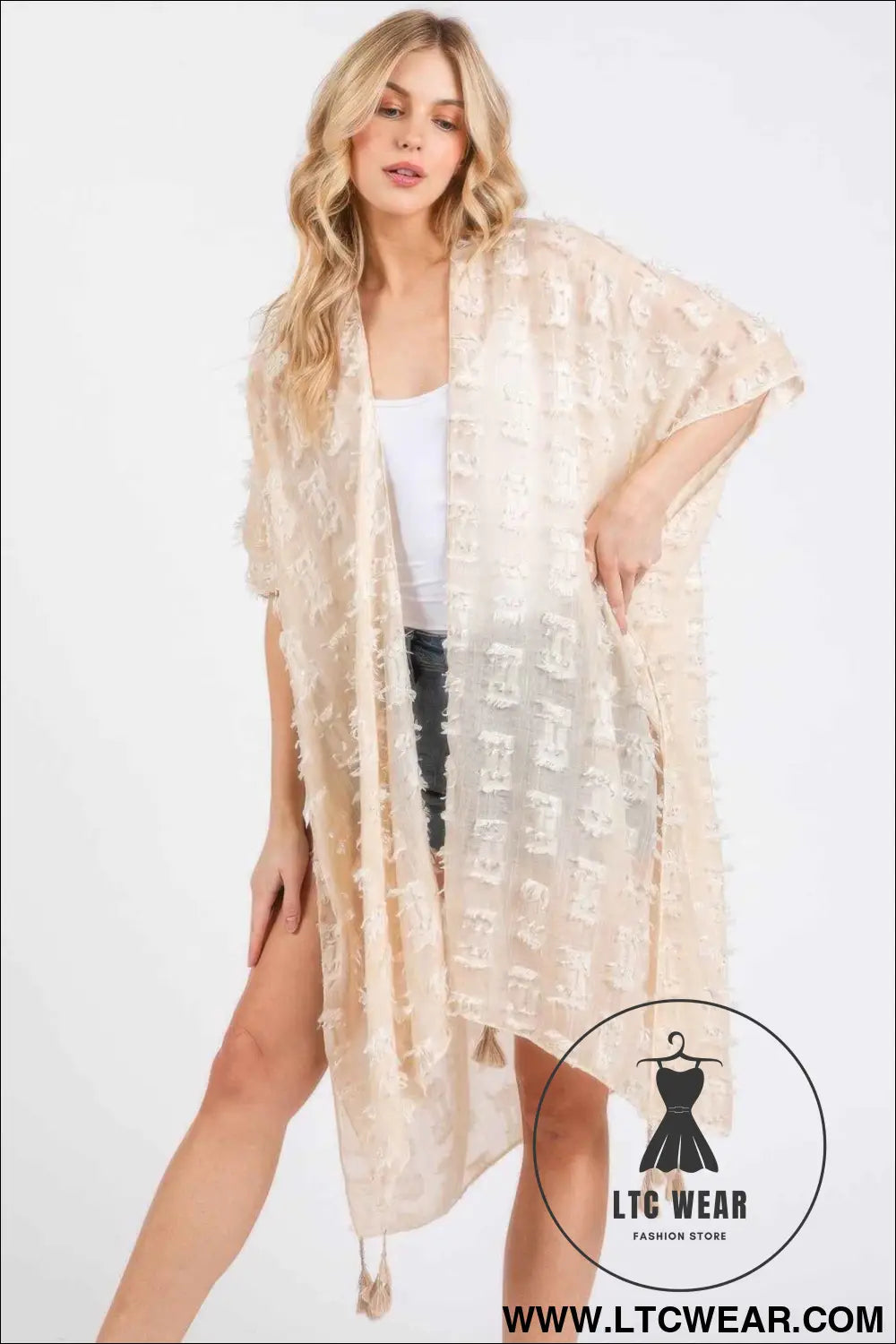 Distressed Pattern Tassel Kimono