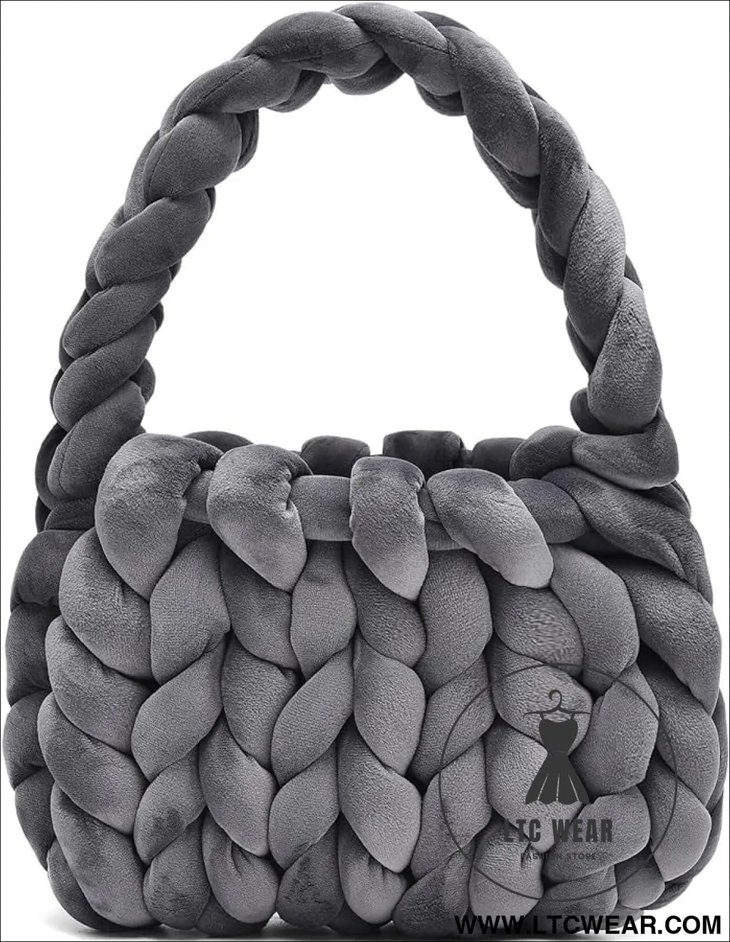 Diy hand woven crystal velvet core spun yarn woven hand-held mailman bag - graphite gray / width 28x height 20x handle