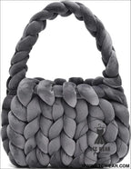 Diy hand woven crystal velvet core spun yarn woven hand-held mailman bag - graphite gray / width 28x height 20x handle