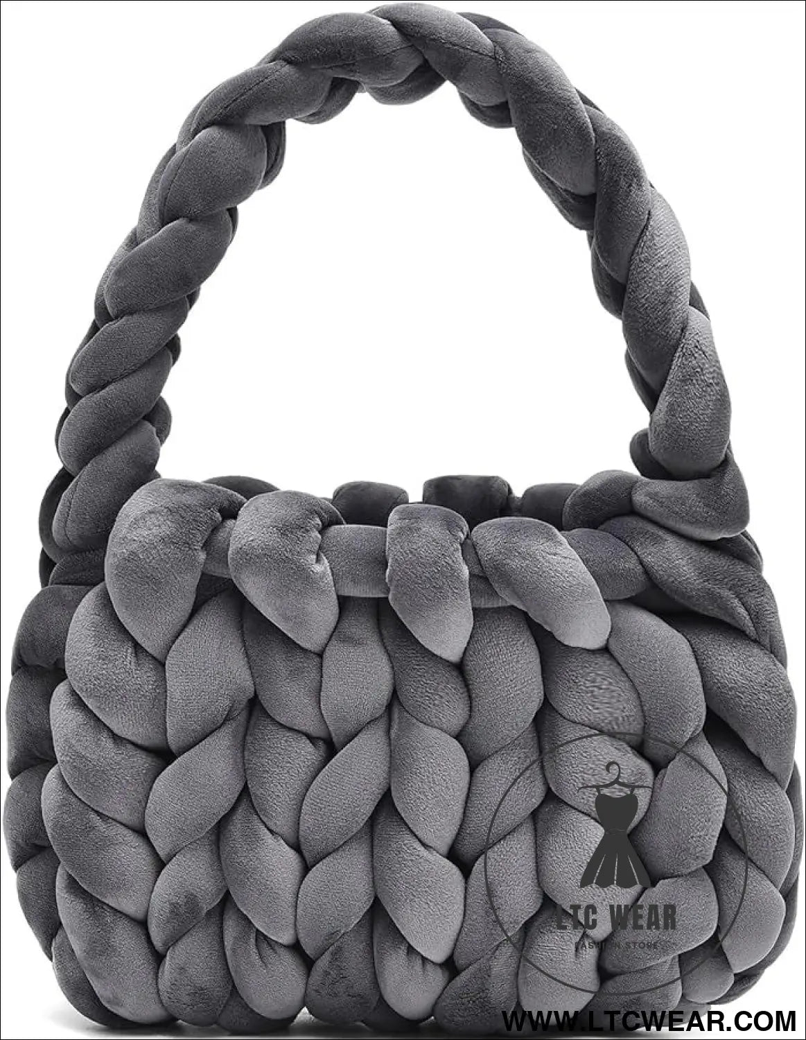 Diy hand woven crystal velvet core spun yarn woven hand-held mailman bag - graphite gray / width 28x height 20x handle