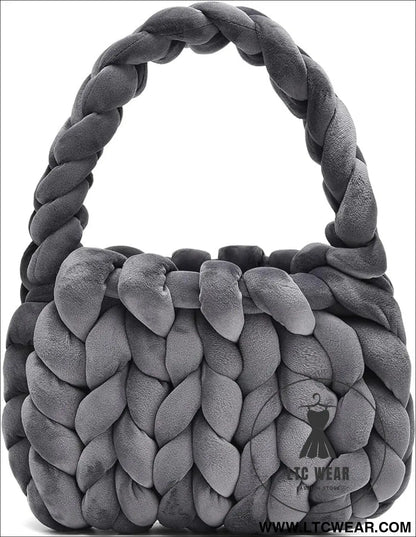 Diy hand woven crystal velvet core spun yarn woven hand-held mailman bag - graphite gray / width 28x height 20x handle