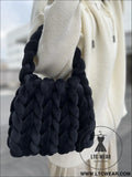 Diy hand woven crystal velvet core spun yarn woven hand-held mailman bag - black / width 28x height 20x handle height