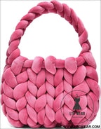 Diy hand woven crystal velvet core spun yarn woven hand-held mailman bag - dark pink / width 28x height 20x handle