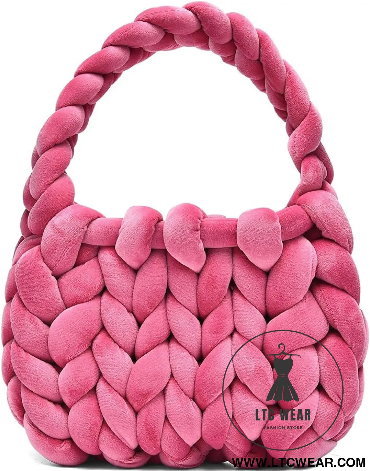 Diy hand woven crystal velvet core spun yarn woven hand-held mailman bag - dark pink / width 28x height 20x handle