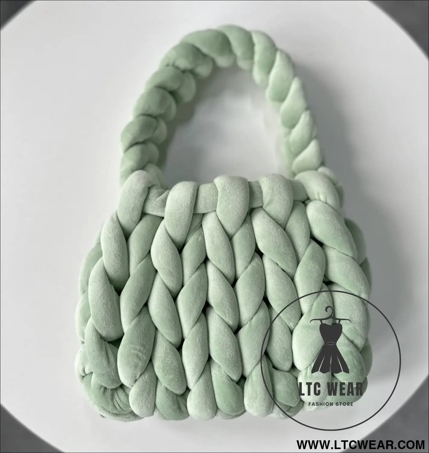 Diy hand woven crystal velvet core spun yarn woven hand-held mailman bag - emerald / width 28x height 20x handle height