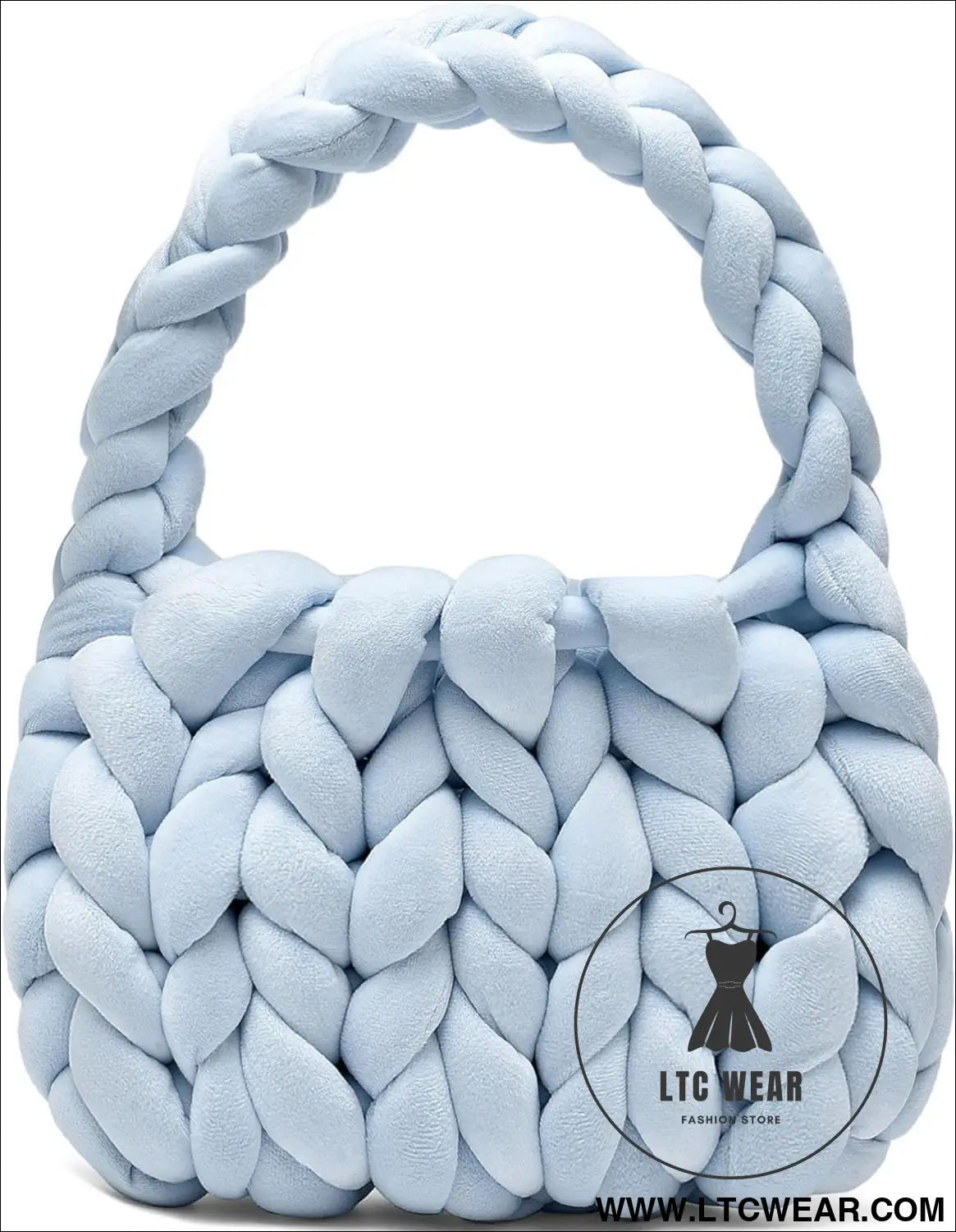 Diy hand woven crystal velvet core spun yarn woven hand-held mailman bag - light blue / width 28x height 20x handle