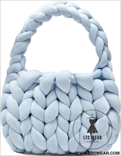 Diy hand woven crystal velvet core spun yarn woven hand-held mailman bag - light blue / width 28x height 20x handle