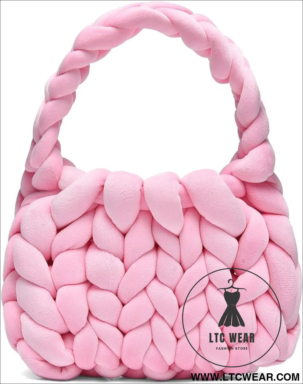 Diy hand woven crystal velvet core spun yarn woven hand-held mailman bag - pink / width 28x height 20x handle height