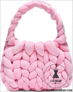 Diy hand woven crystal velvet core spun yarn woven hand-held mailman bag - pink / width 28x height 20x handle height
