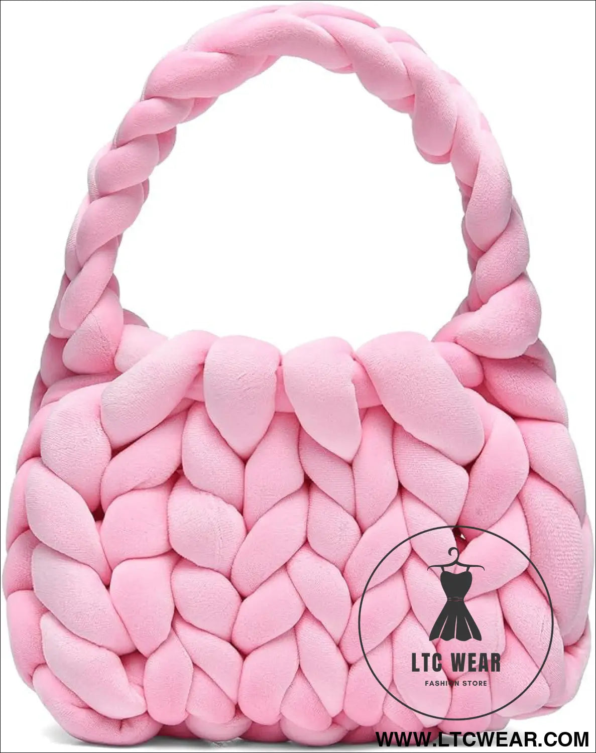 Diy hand woven crystal velvet core spun yarn woven hand-held mailman bag - pink / width 28x height 20x handle height