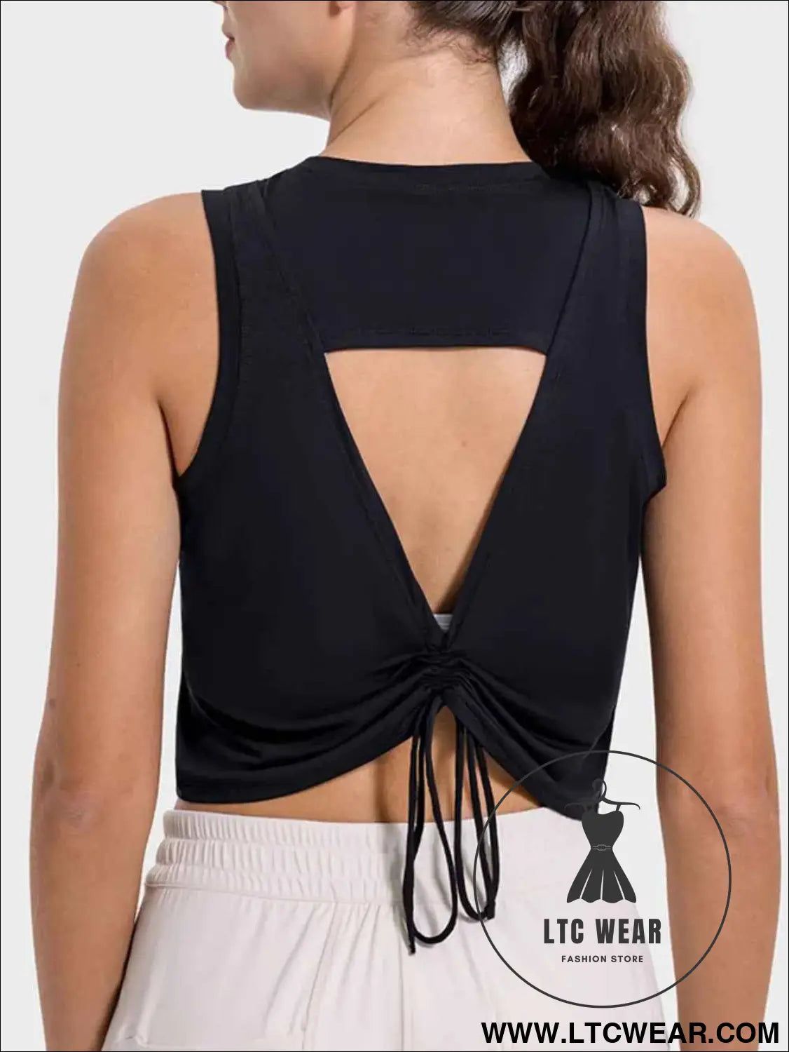 Drawstring Cutout Round Neck Active Tank