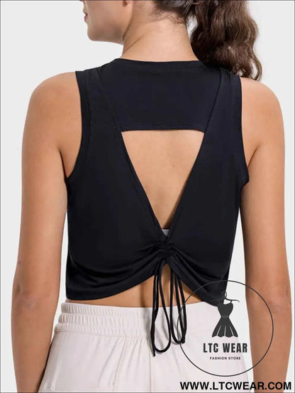 Drawstring Cutout Round Neck Active Tank
